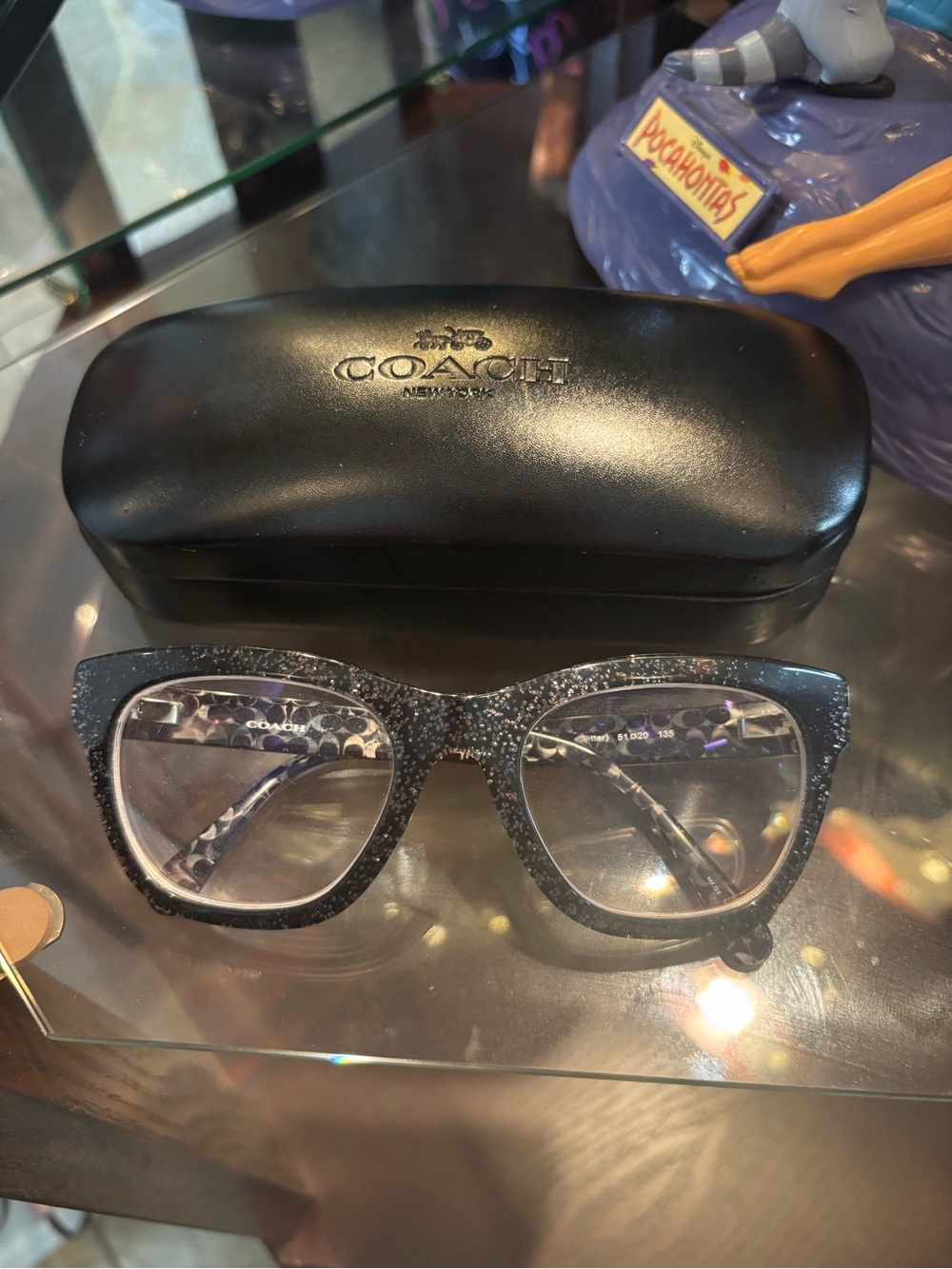 Coach Black Glitter Square Prescription Eyeglasses with Patterned Arms